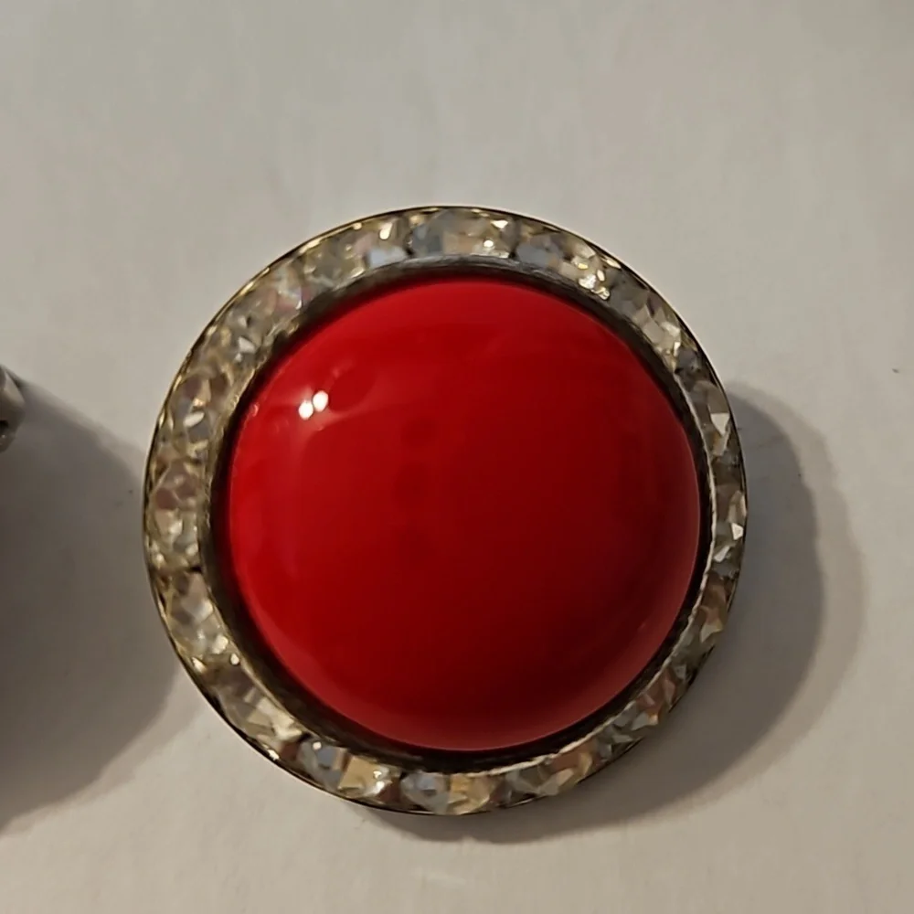 Vintage 2 Prs. Brown, Red & Rhinestones Button Silvertone Clip-on Earrings